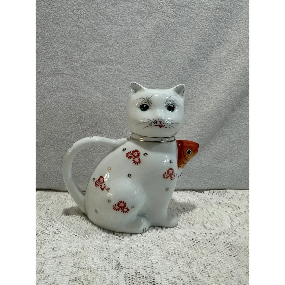 Adorable Ceramic Cat Teapot with‎ Fish Accent Whimsical Kitchen Decor
